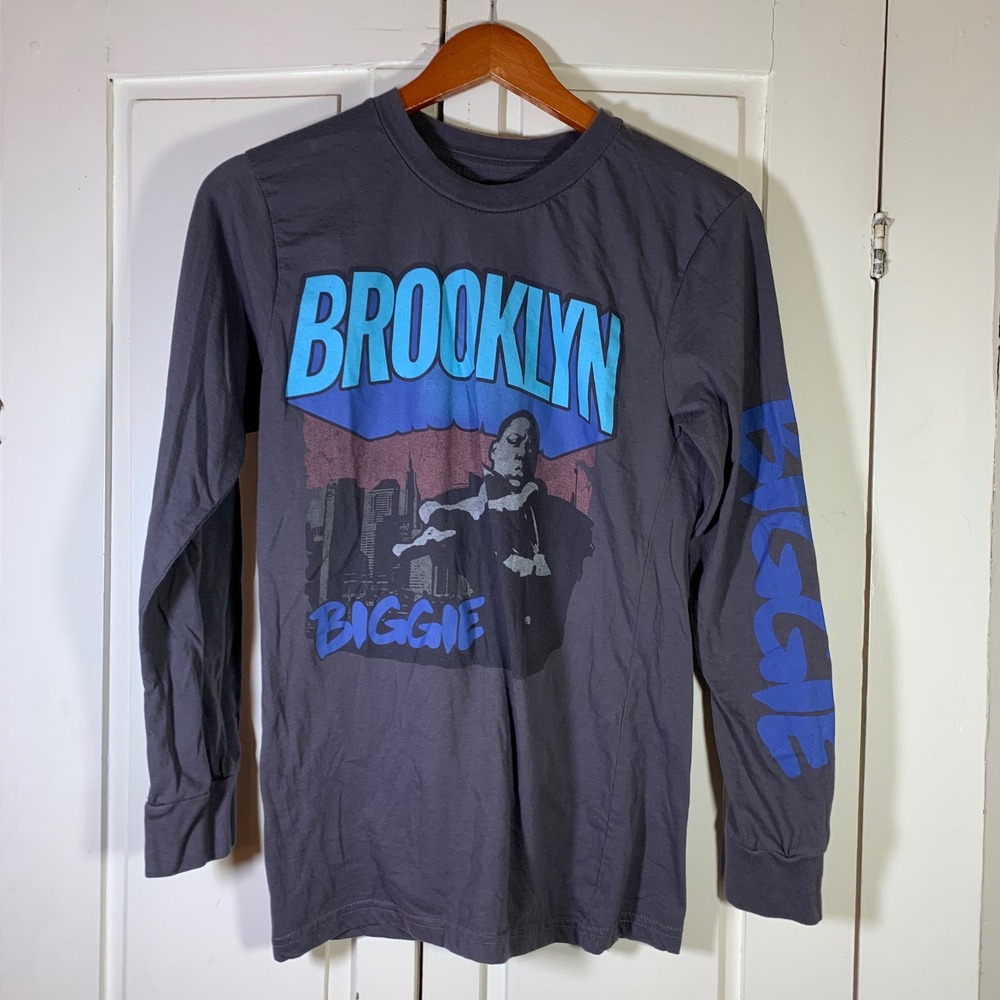 Notorious BIG Biggie Smalls Long Sleeve Graphic Tee Mens S Gray Brooklyn Mint